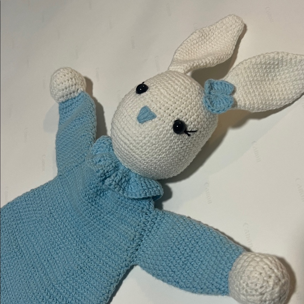 Hand Made Blue and White Knitted Bunny Toy - Picture 2 of 5
